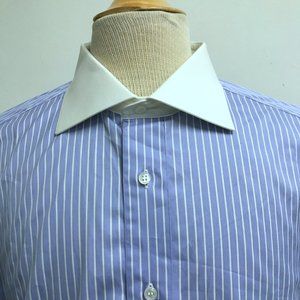 Brioni blue stripe dress shirt 17 3/4 xl cotton contrast collar french cuff